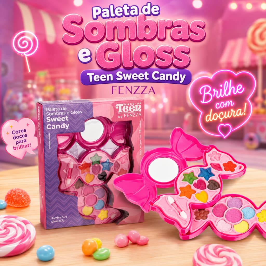 Kit Maquiagem Paleta De Sombras E Gloss Infantil Menina Teen Sweet Candy Fenzza Doces