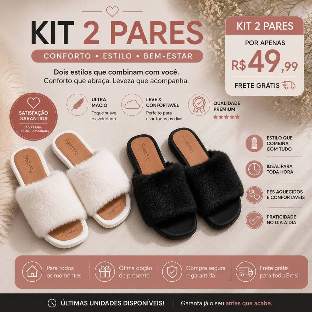 kit 2 Chinelo Feminino Peluciado Luxo Confortável Slide Pelinho Antiderrapante