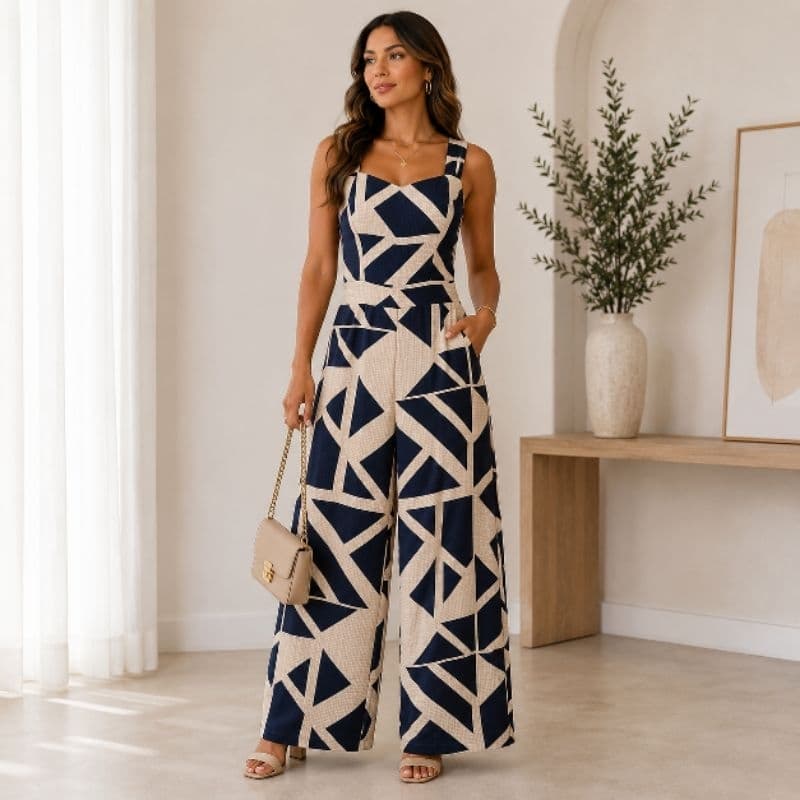 Macacão longo femenino casual chic com bojo e lastex nas costas pantalona wide leg com bolsos tecido duna