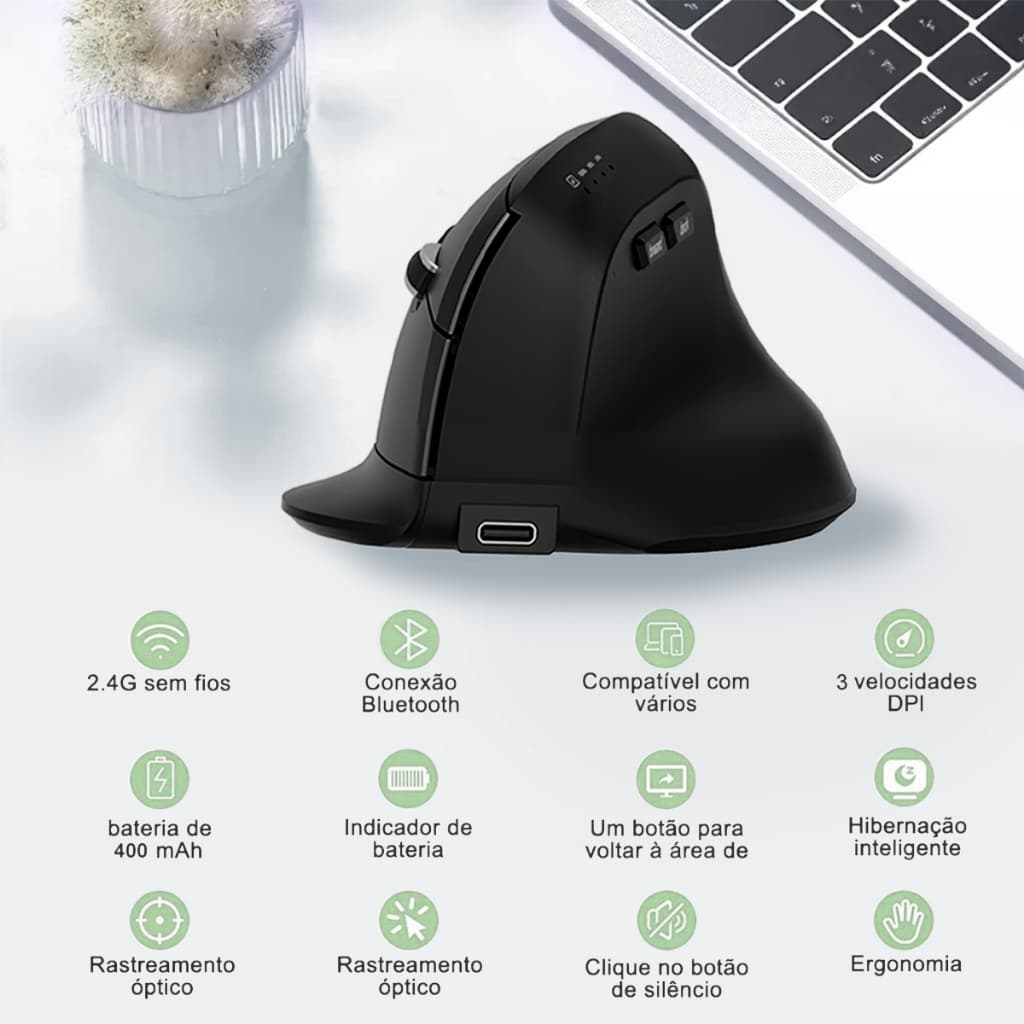 Mouse Sem Fio Wireless Recarregavel  2,4GHz Bluetooth Bateria Interna Ergonômico