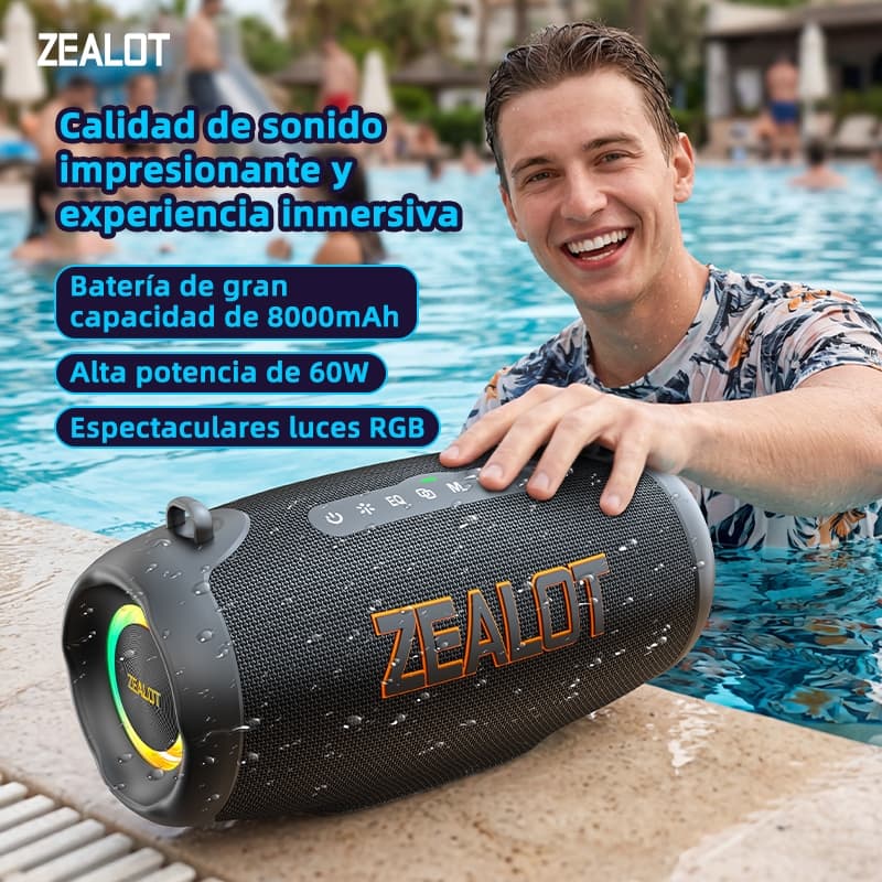 ZEALOT P16 Caixa Bluetooth Portátil 60W TWS Resistente Água IPX6 BT5.3 Bateria 8000mAh Som Potente
