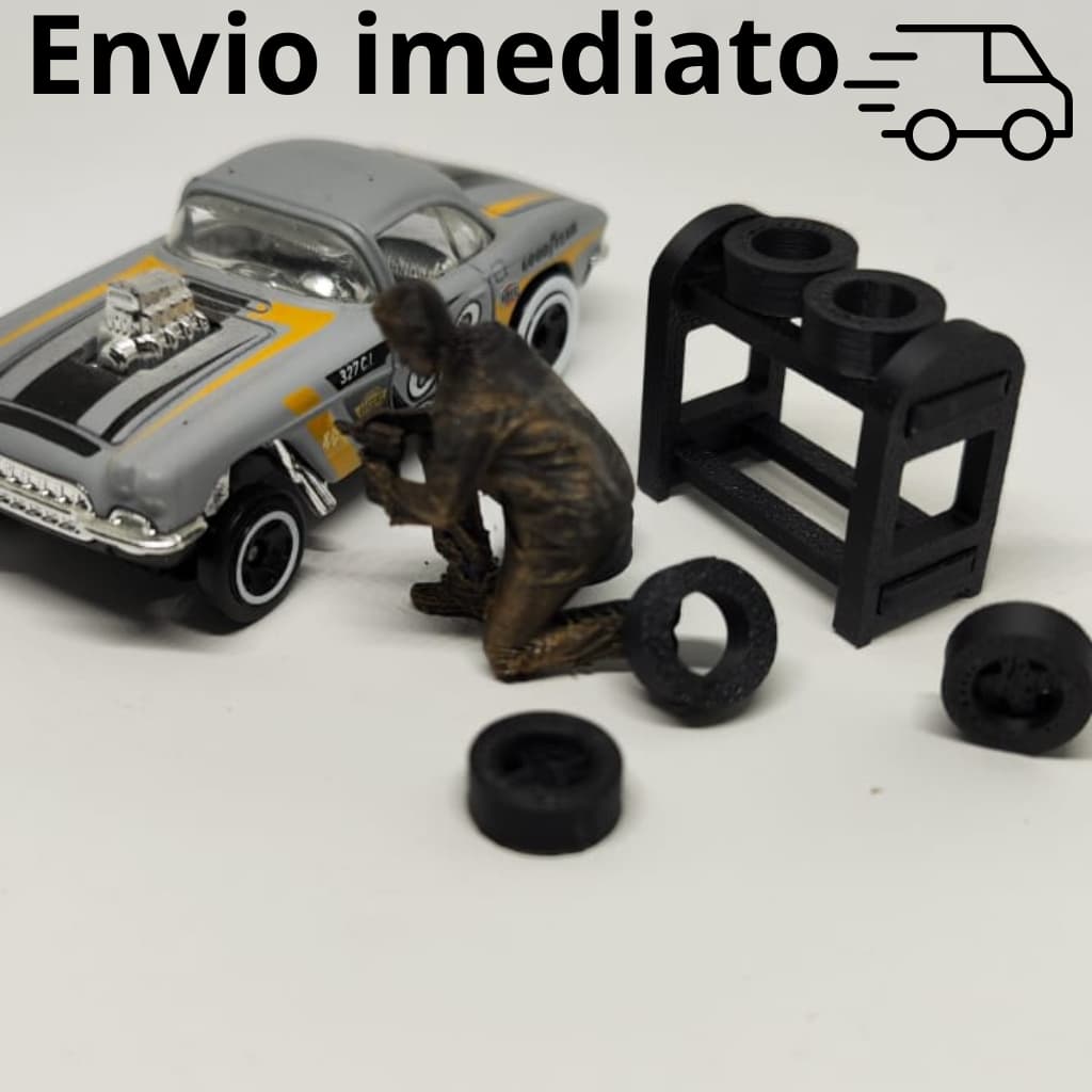Diorama Oficina Mecânica 1:64 Mecânico Trocando Pneu Hot Wheels Miniatura