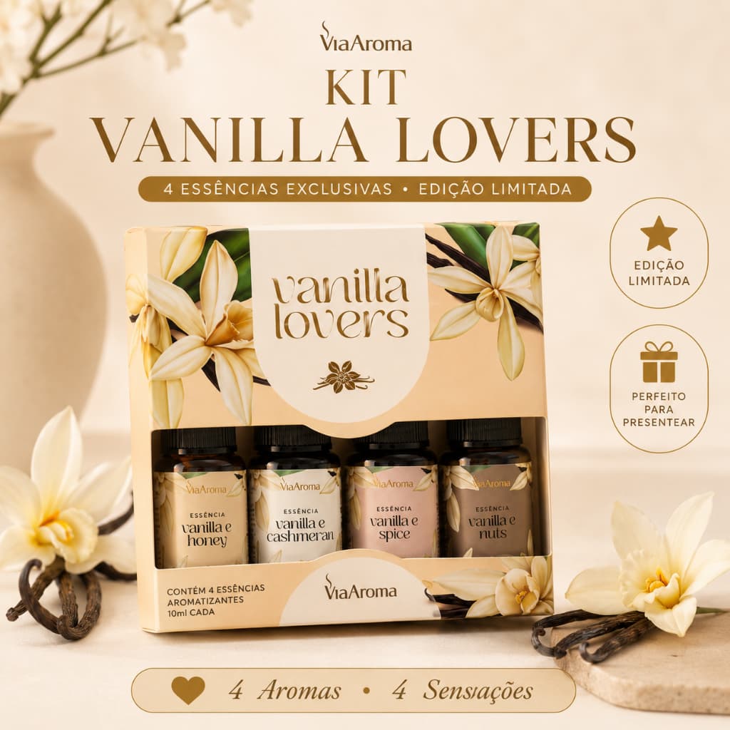 Kit Essências Via Aroma Vanilla Lovers 4 Aromas Edição Limitada 10ml Aromatizador de Ambientes