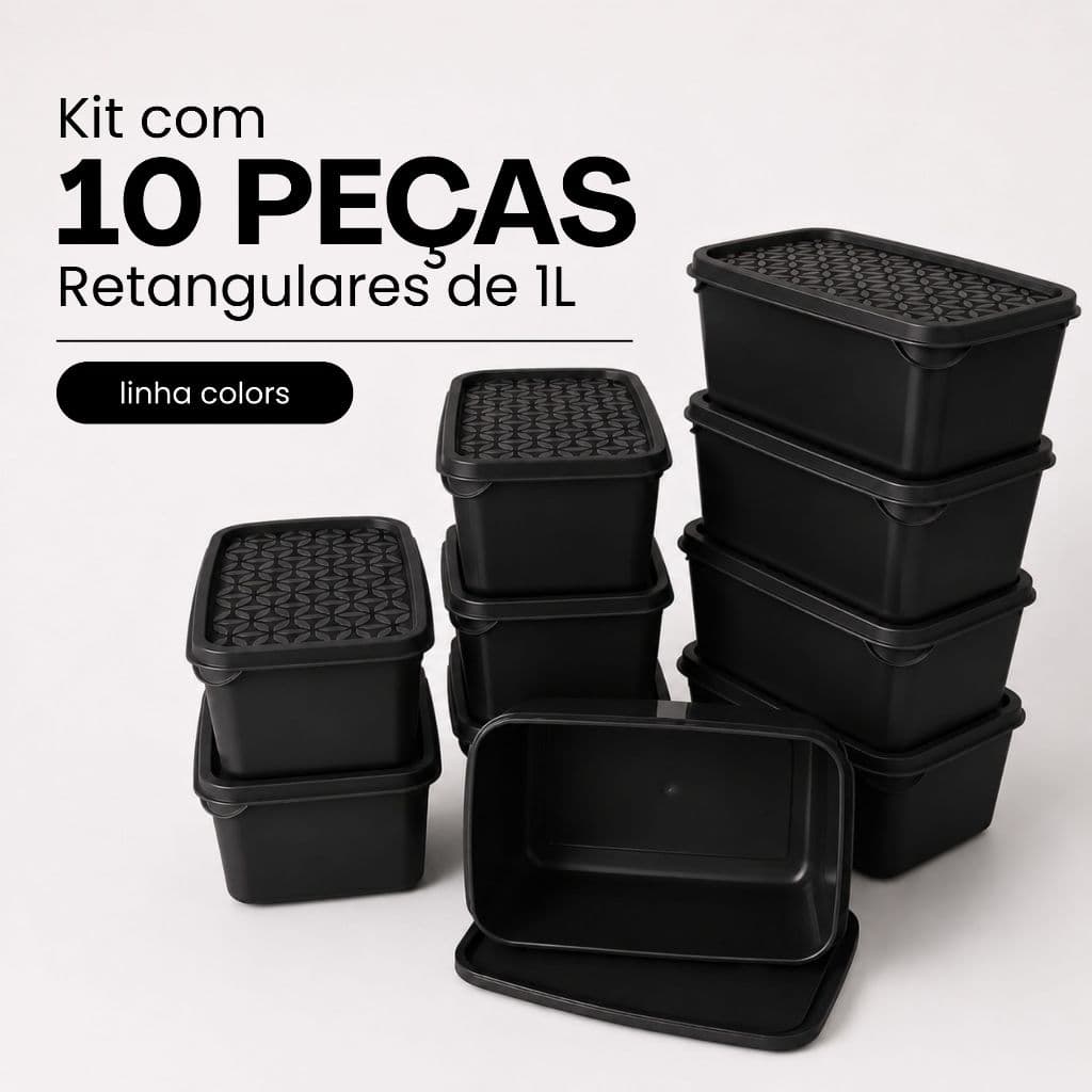 Kit de Potes Retangulares 1L 10 Peças COLORS Marmita Fitness Guardar Comida no Freezer Cozinha
