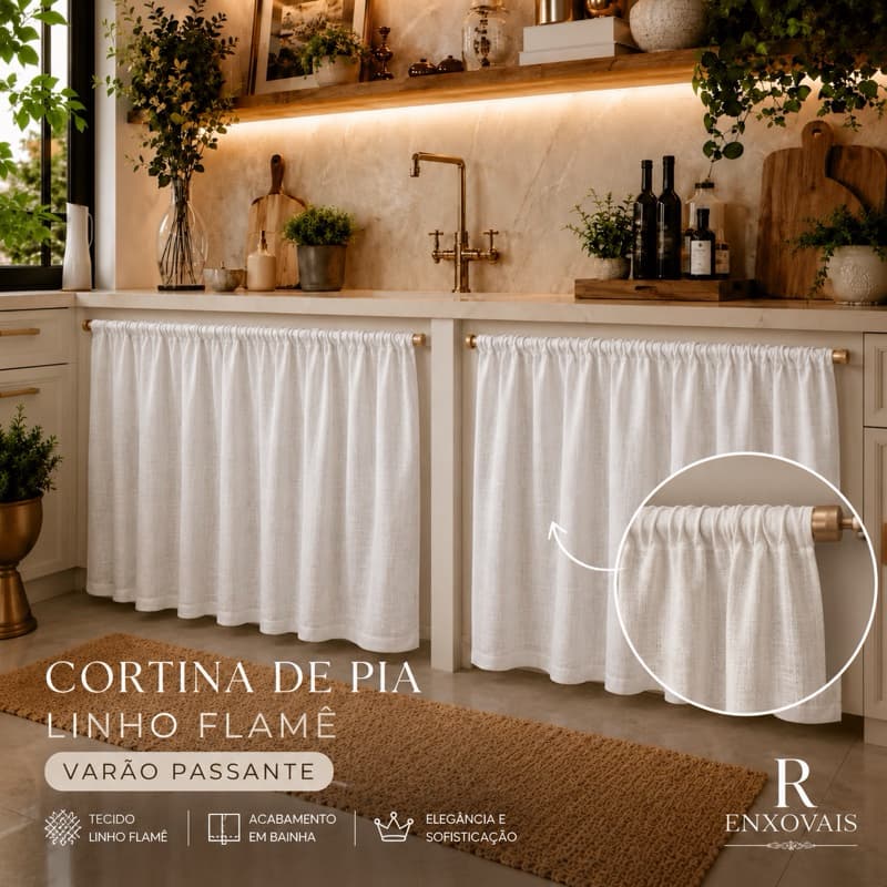 Cortina para Pia de Cozinha 1,40x0,80m Voil Linho Flame – Leve e Sofisticada