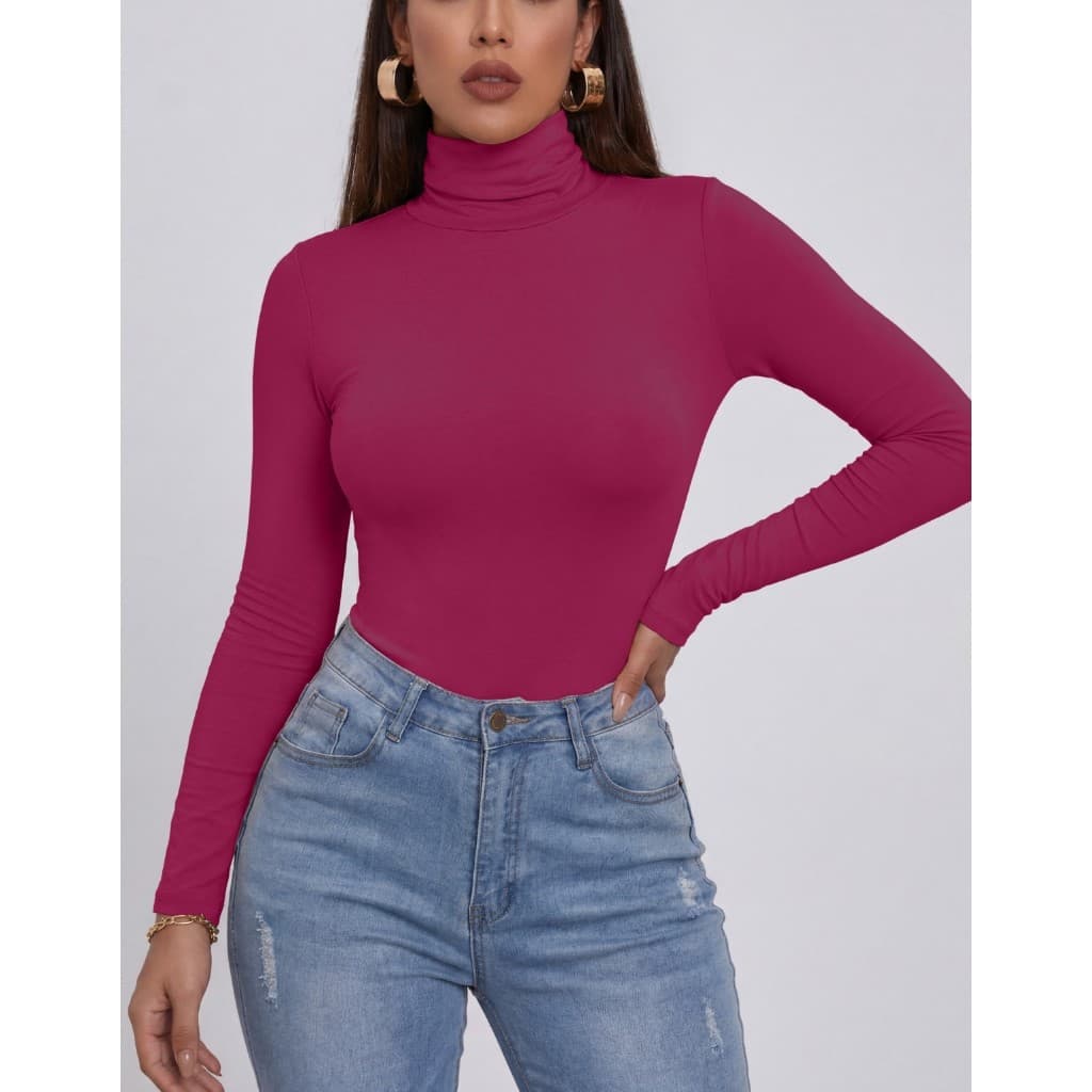 Blusa T-Shirt Feminina Gola Alta Manga Longa Moda Cacharrel Algodão
