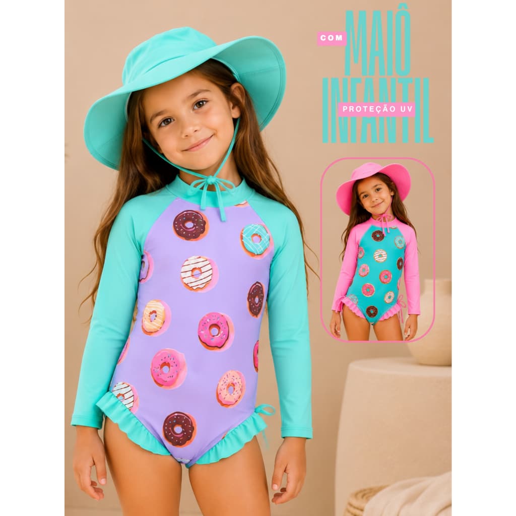 Maiô Menina Infantil Com Chapéu Verão Piscina Praia Agua Proteção Uv