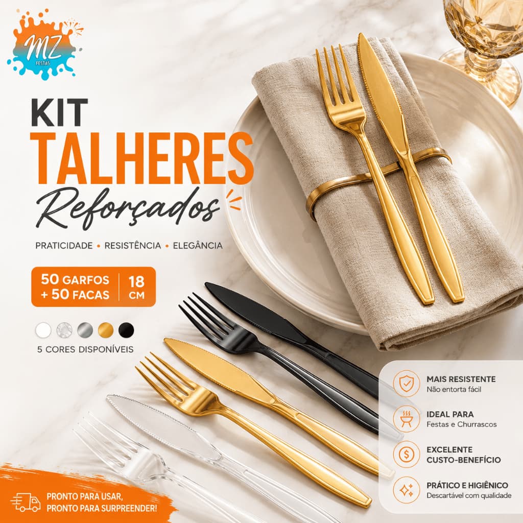 Kit 100 Peças Garfo e Faca Reforçado em Acrílico Refeição Churrasco Festa Aniversario