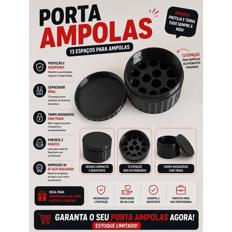 Porta Ampolas 13 Espaços com Tampa Rosqueável | Organizador para Medicamentos, Peptídeos, TG, Tirzec