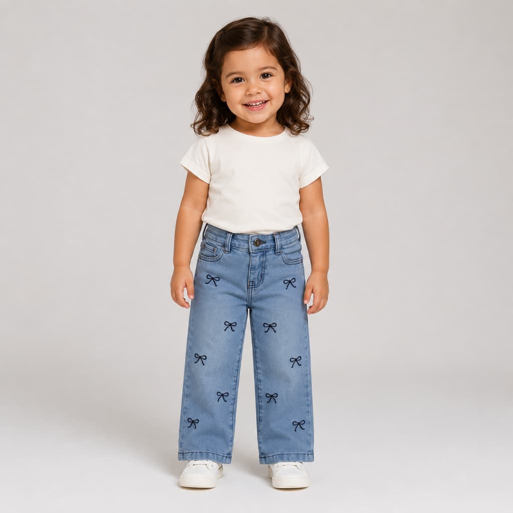 CALÇA JEANS RETA INFANTIL BEBÊ MENINA BORDADO LACINHOS REGULAGEM NO CÓS 01, 02, 03 ANOS LORDAN