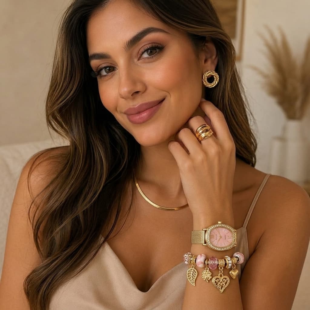 Kit Relógio Feminino + Pulseira Ajustável com Caixa de Presente Porta Joias Dia dos Namorados com Strass Delicado Luxo