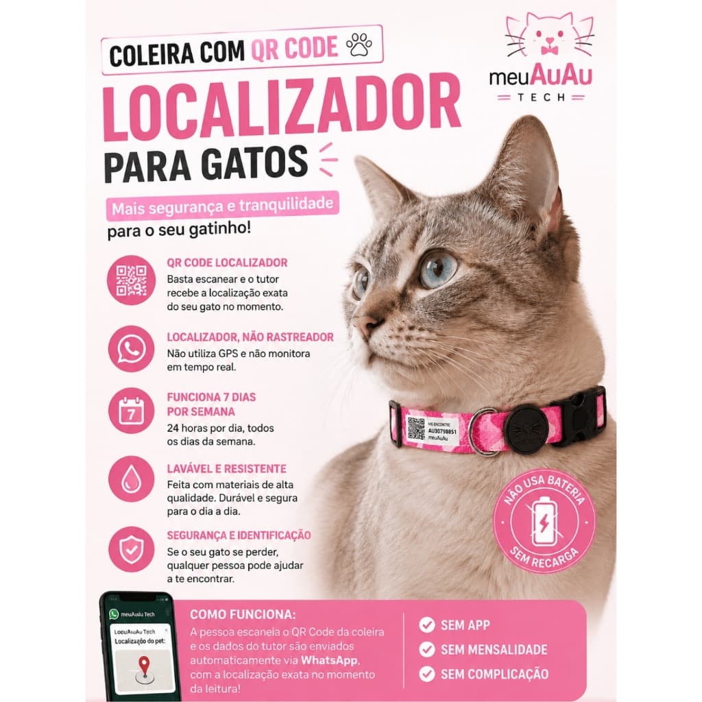 Coleira Gato Com Identificação -  Localizador  - Qr Code -  Com Nome Do Pet - Gatos