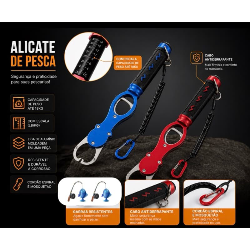 Alicate de pesca com Balança 18kg de alumínio ,alicate pega Peixe, cor azul e vermelho