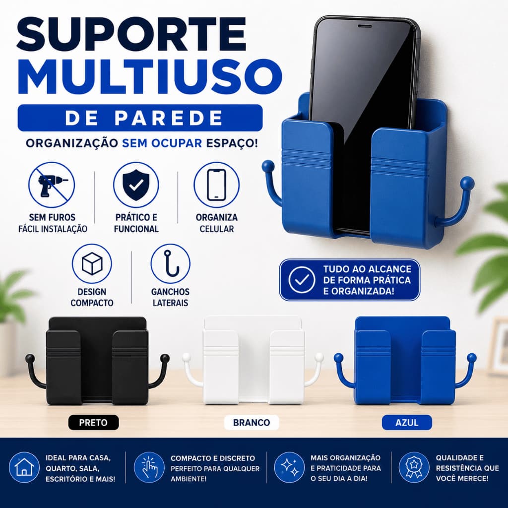 Suporte Multiuso de Parede para Celular e Controle Remoto Sem Furo Organizador
