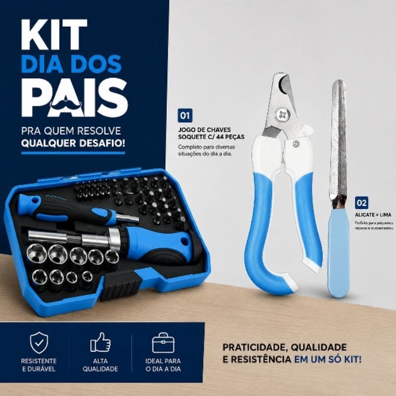 Kit Ferramentas 44 Peças com Jogo de Soquetes + Alicate + Lima Manual | Chave Catraca Multifuncional para Reparos