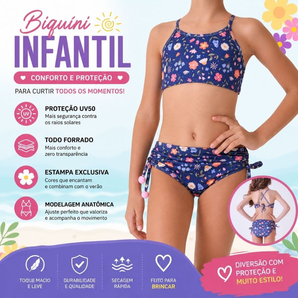 Biquini Infantil Menina I Proteção UV50+ I Todo Forrado I Confortável e Seguro para Praia e Piscina