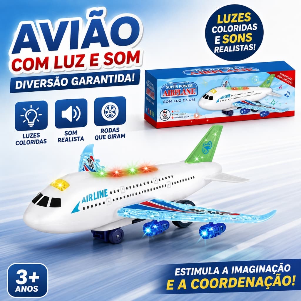 Avião Elétrico Infantil Bate e Volta com Luzes LED Música Movimento Automático Brinquedo