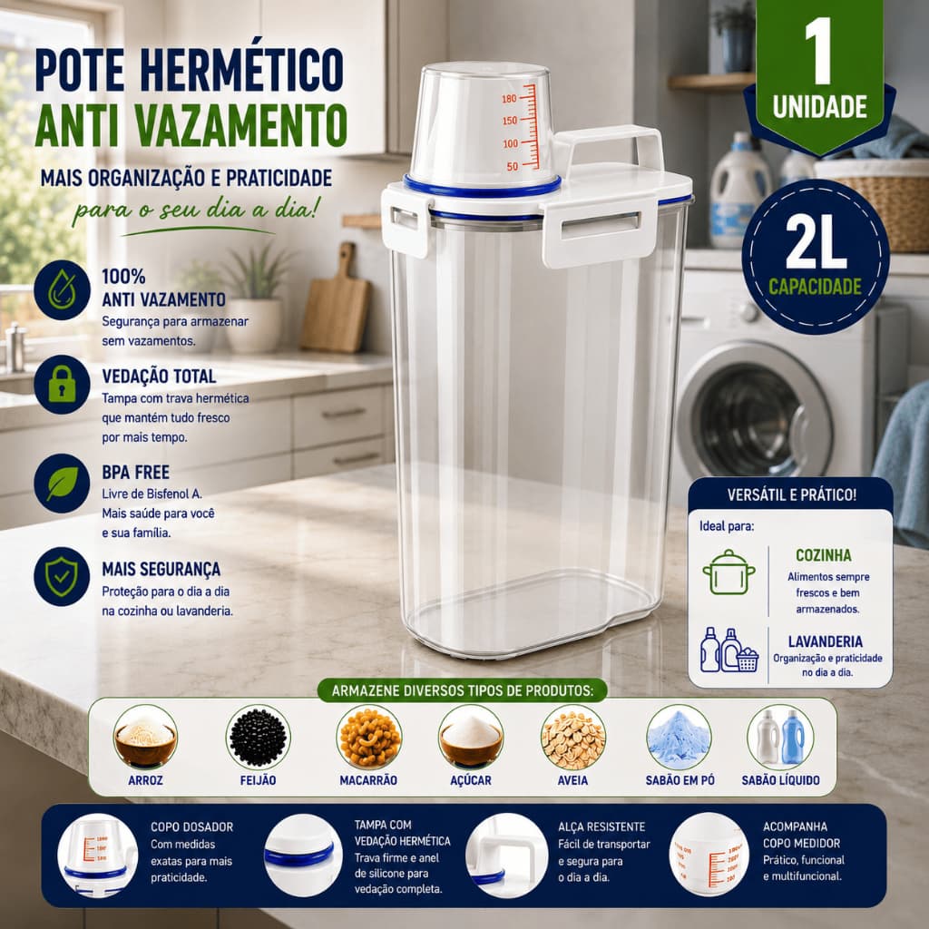 Pote Hermético Multiuso 2 Litros com Copo Medidor 180ml e Bico Dosador Vedação Hermética BPA Free