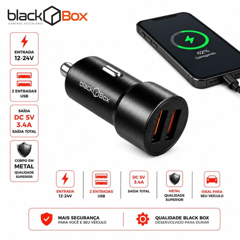 Black Box - Carregador Veicular Duplo Usb Celular Carro 3.4a 12-24v