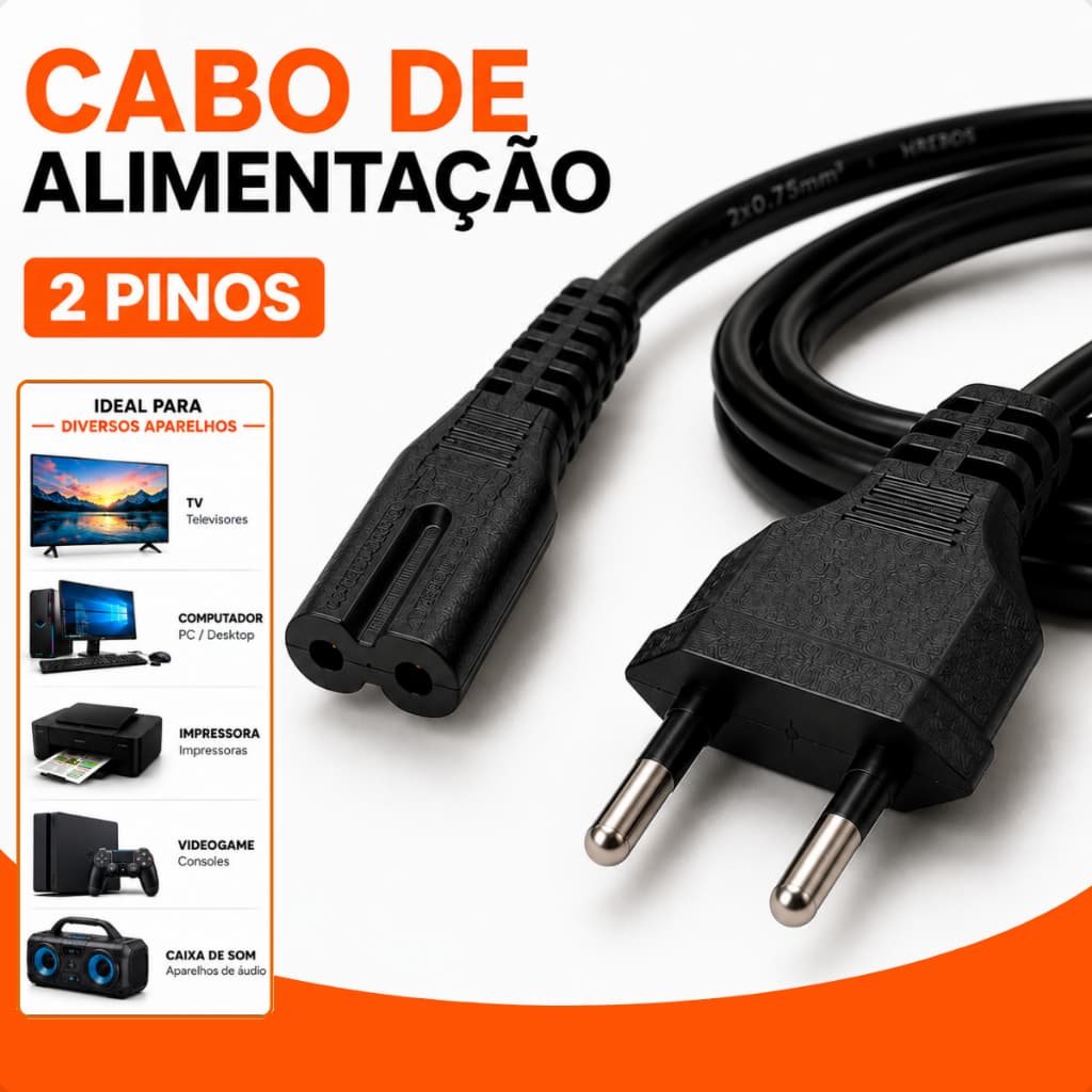 Cabo de Energia Força Bipolar 2 Pinos Universal 1,5m para TV, Aparelho de Som Bluetooth, Impressora, Consoles