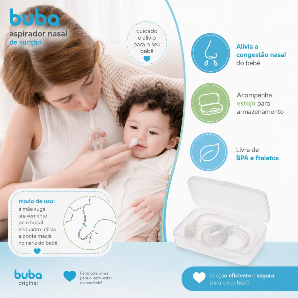 Buba Aspirador Nasal Bebê Com Estojo Sucção Manual Silicone Esterilizável Higiene Nariz Recém-Nascido Infantil BPA Free