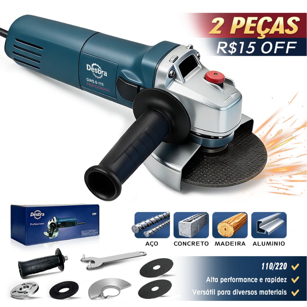 Esmerilhadeira Angular Multifuncional 1000W 11000RPM 110V e 220V Alta rotação potência robusta Fácil de utilizar