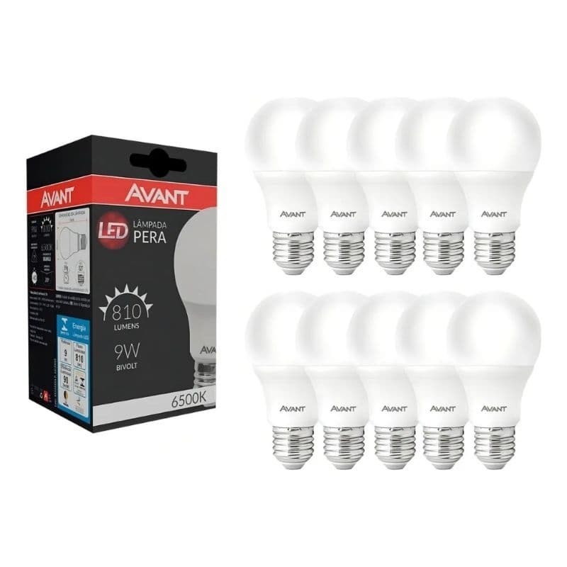 Kit 10 Lâmpadas LED Avant 9W E27 Luz Branca Fria 6500K Bivolt Econômica Alta Luminosidade