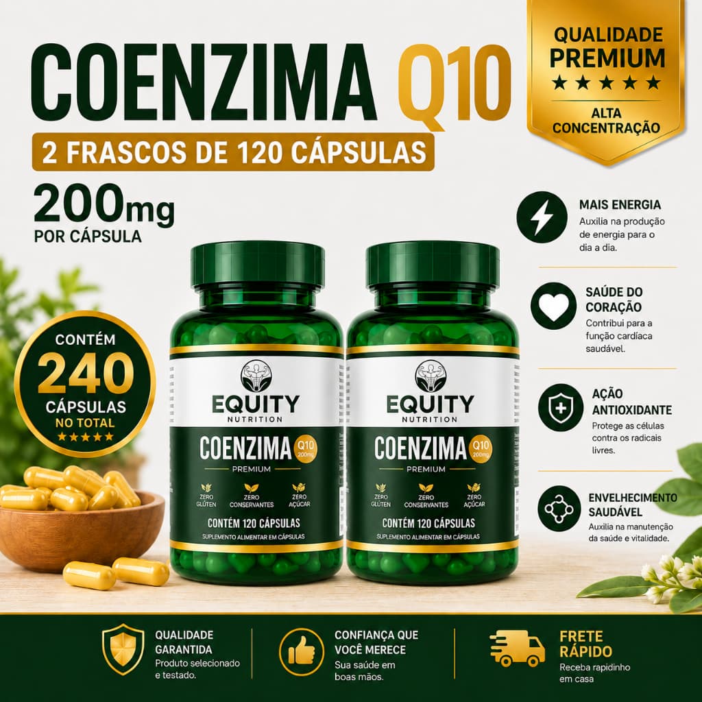Coenzima Q10 Ubiquinona 200mg 240 Cápsulas Alta Absorção e Concentração Equity Nutrition