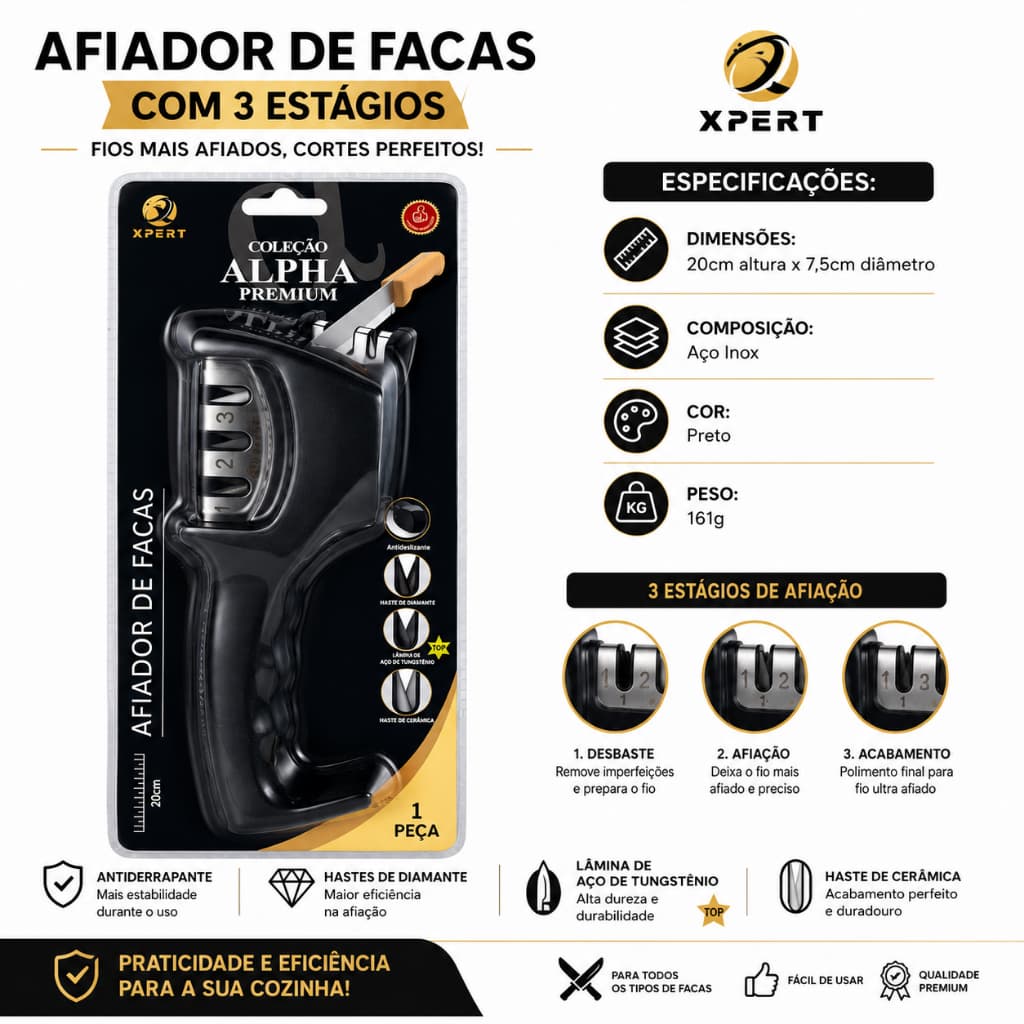 Afiador de Facas 3 Estágios Profissional Diamante Tungstênio Cerâmica Antiderrapante 🔪✨