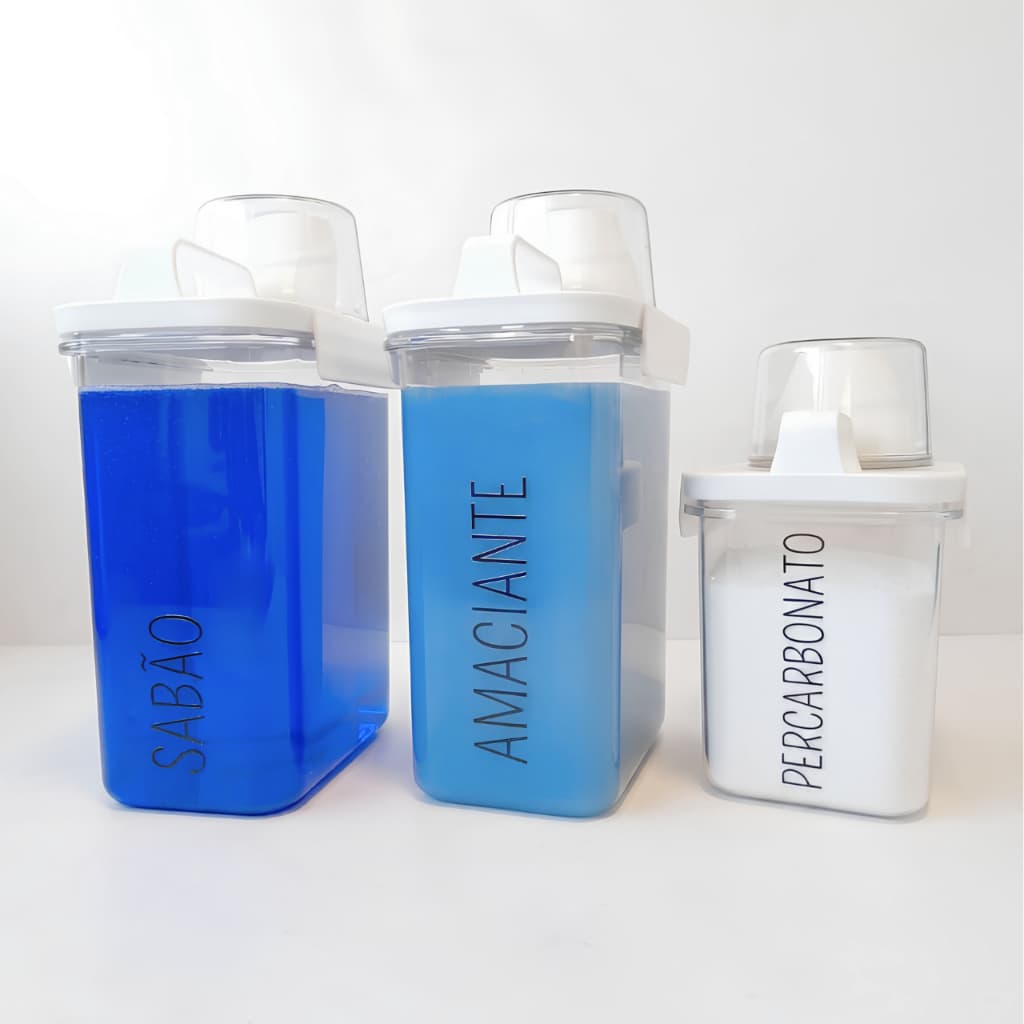 Kit 03 Dispenser Organizador de Lavanderia Personalizado Multiuso Copo Dosador Alça 1,8 e 1,1 litros