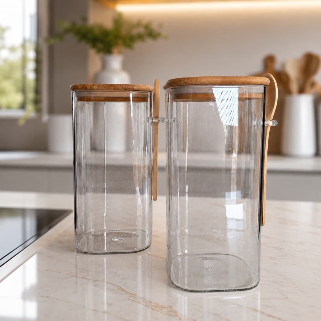 Kit 2 Potes Quadrados de Vidro Borossilicato 1600ml Tampa Herméticos e Colher de  Bambu