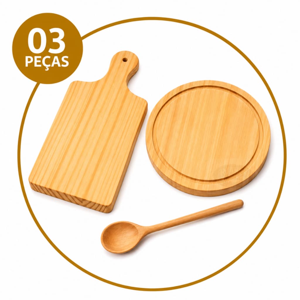 Kit Cozinha 03 Peças em Pinus 1 Tabua de Carne, 1 Tábua de Frios  e 1 Colher de Pau