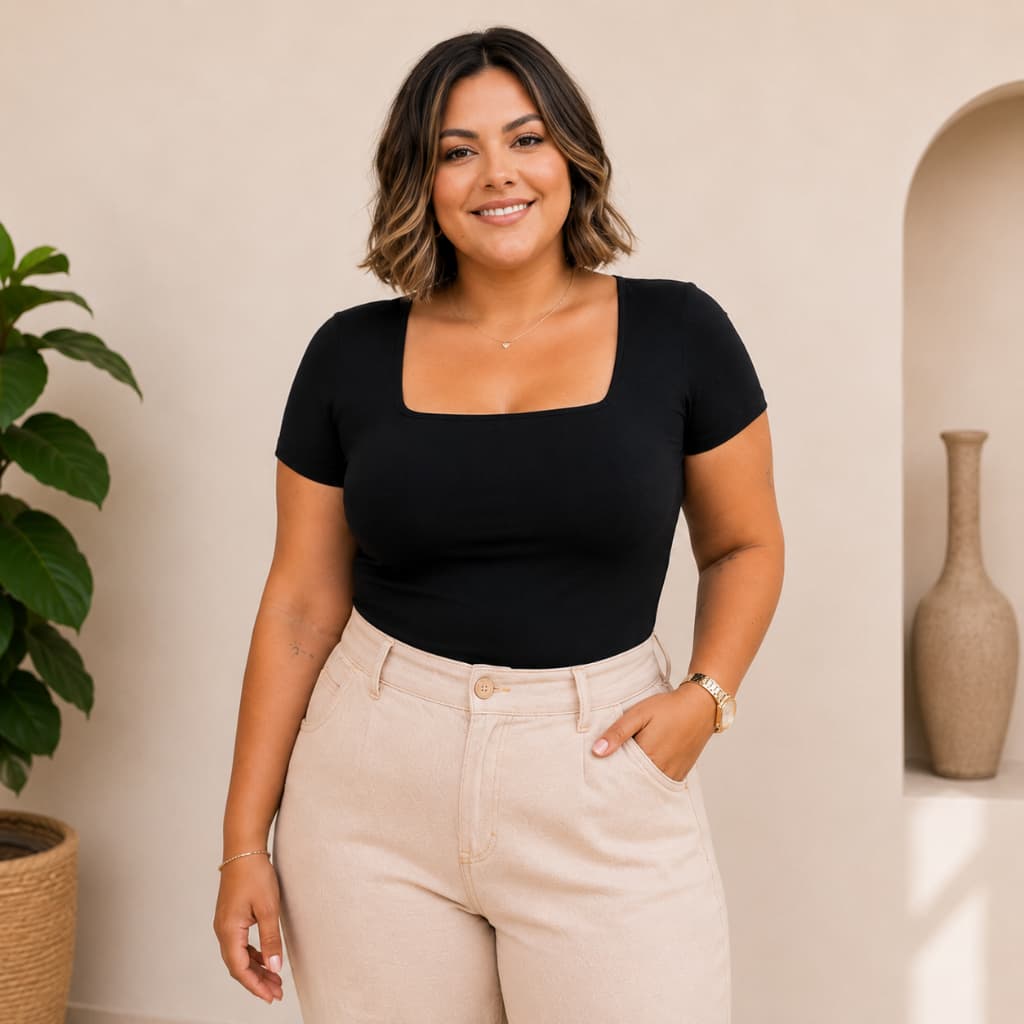 Body Feminino Plus Size Collant Bori Decote Quadrado Manga Curta Suplex Social Trabalho Verão P002