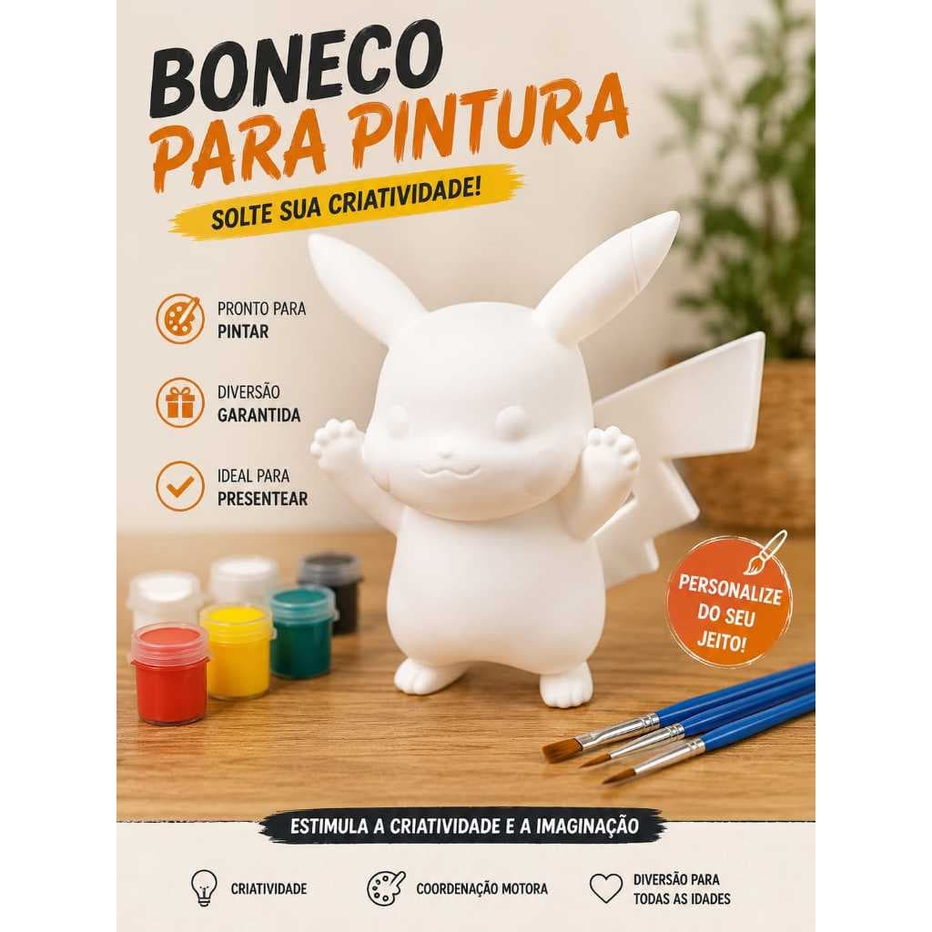 Boneco Pikachu 3D para pintura + tinta e pincel - Impresso 3D