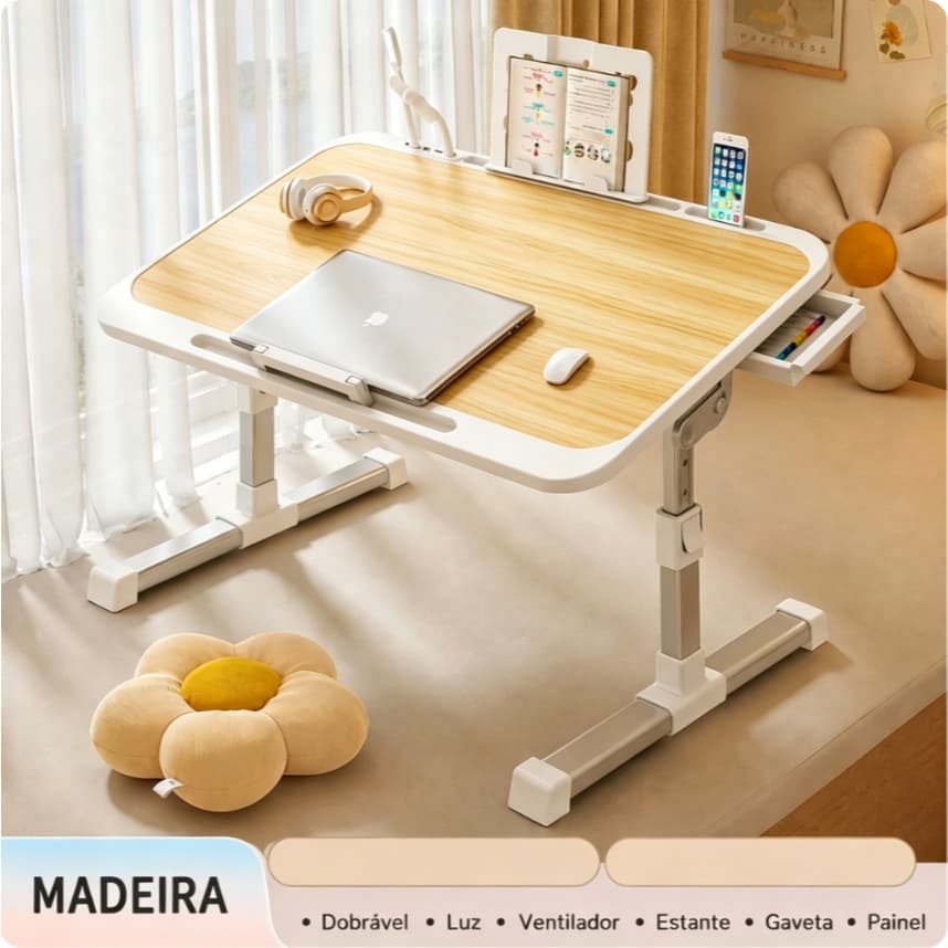 Mesa Dobrável para Notebook com Altura Ajustável, Ventilador, Gaveta e Luz LED – Portátil 2 em 1