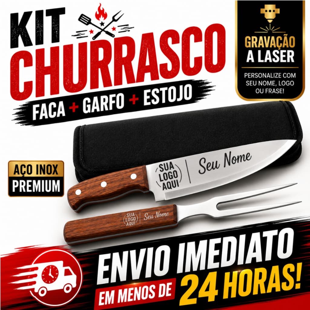 Kit Churrasco Personalizado 2 Peças NOME LOGO FRASE IMAGEM | Faca e Garfo + Estojo ENVIO RÁPIDO