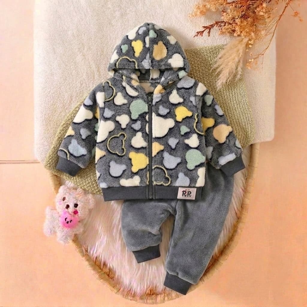 Conjunto de Frio Blusa e Calça em Fleece de Zíper e Touca Infantil Bebê Inverno