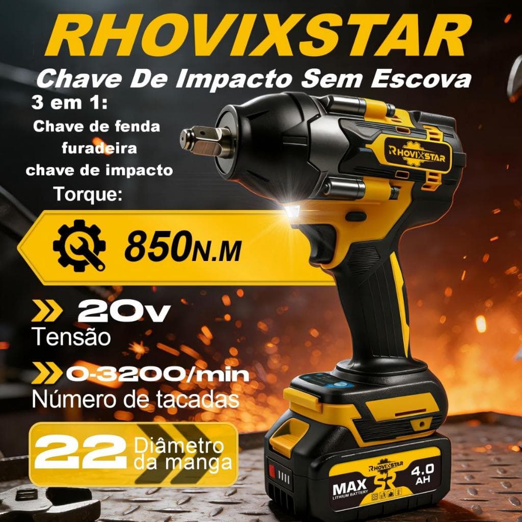 Chave De Impacto Sem Fio, Motor Brushless, 850NM, 2*4.0AH De Baterias, Vem Com Todos Os Acessórios E Caixa Portátil