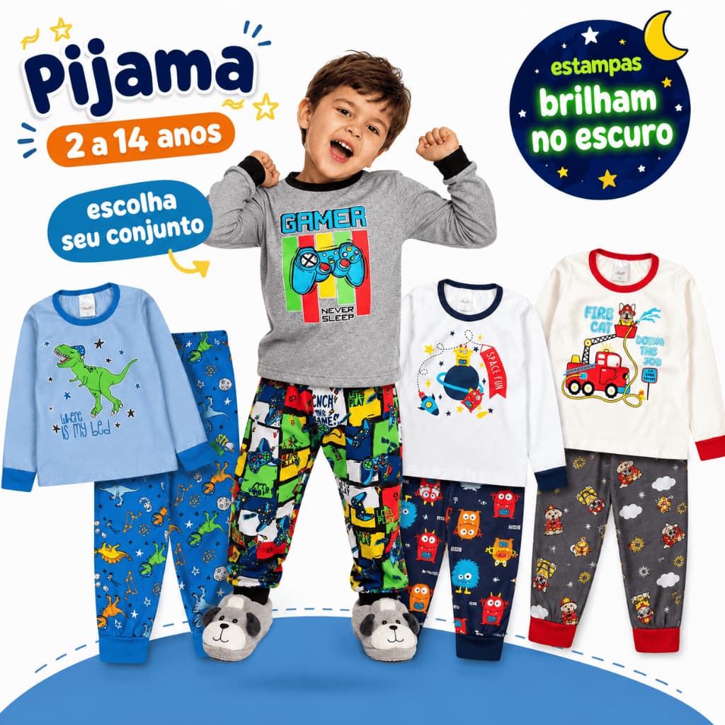 1 Conjunto Pijama Infantil Menino Inverno 2 a 14 anos Roupa de Dormir Manga Longa - 1 Blusa e 1 Calça