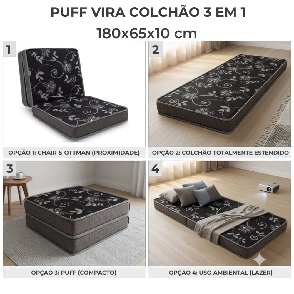 PUFF VIRA COLCHÃO SOLTEIRO 3/1 MARROM ESPUMA D26 COM BOLSA