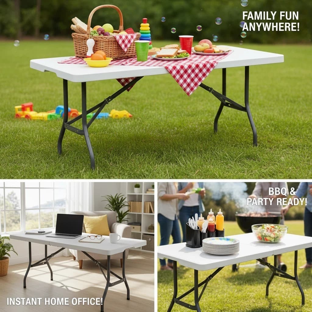 Mesa Dobrável Portátil 180x70cm com Alça Suporta até 150kg para Camping Festa Jardim e Eventos