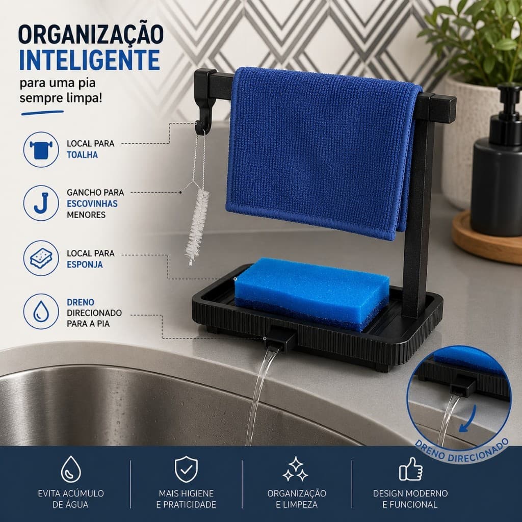 Kit Organizador de Pia com Porta-Toalha, Suporte para Esponja, escovinha e Dreno Direcionado Cozinha Banheiro