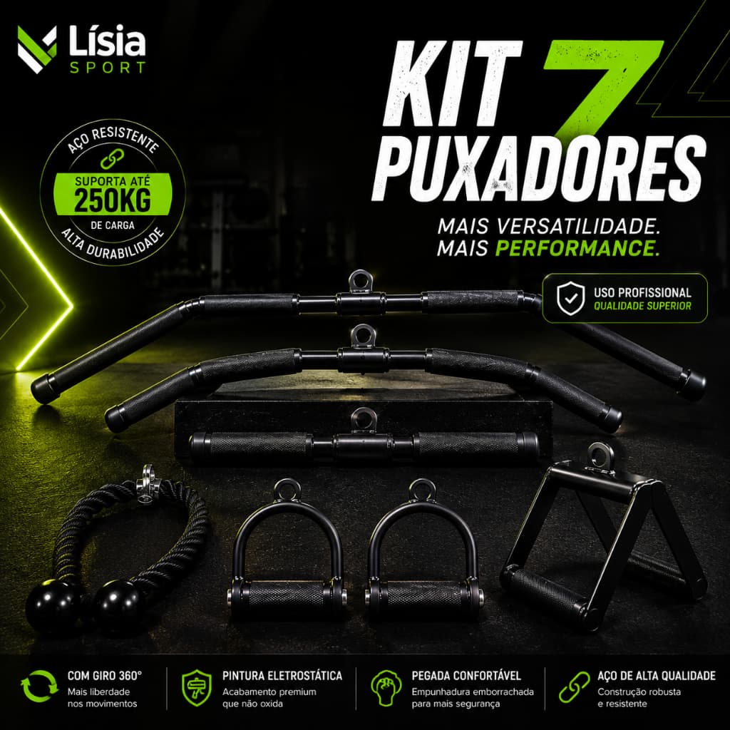 Kit 7 Puxador Musculação Pulley Reto Curvo Costas Corda Tríceps Triangulo Estribos Barra Academia