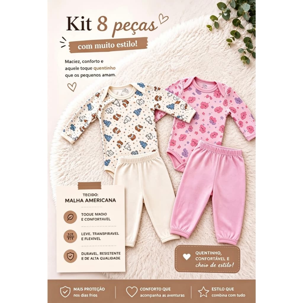 4 Conjuntos De Body Estampado Manga Longa e Mijão Para Bebe 8 Peças