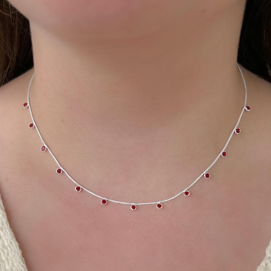 GARGANTILHA PRATA VENEZIANA TREZE ZIRCONIAS REDONDAS VERMELHO 40 CM PRATA 925