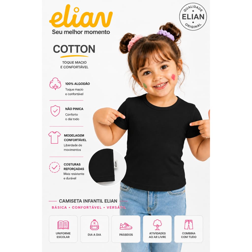 Blusa Preta -  Infantil Baby Look Cotton Elian Roupa Infantil Menina Blusinha Infantil Menina Linda Roupa Menina -