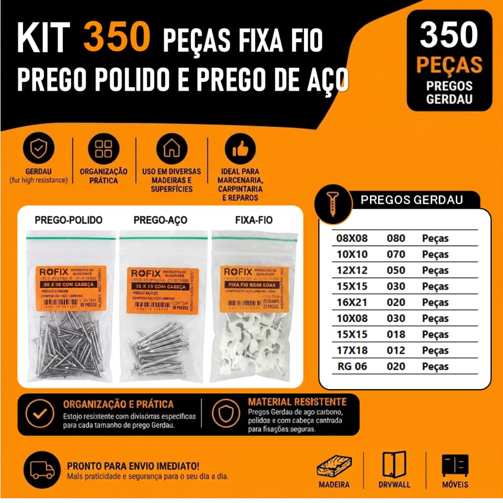 KIT 200 á 350 Pregos Polido com Cabeça Gerdau