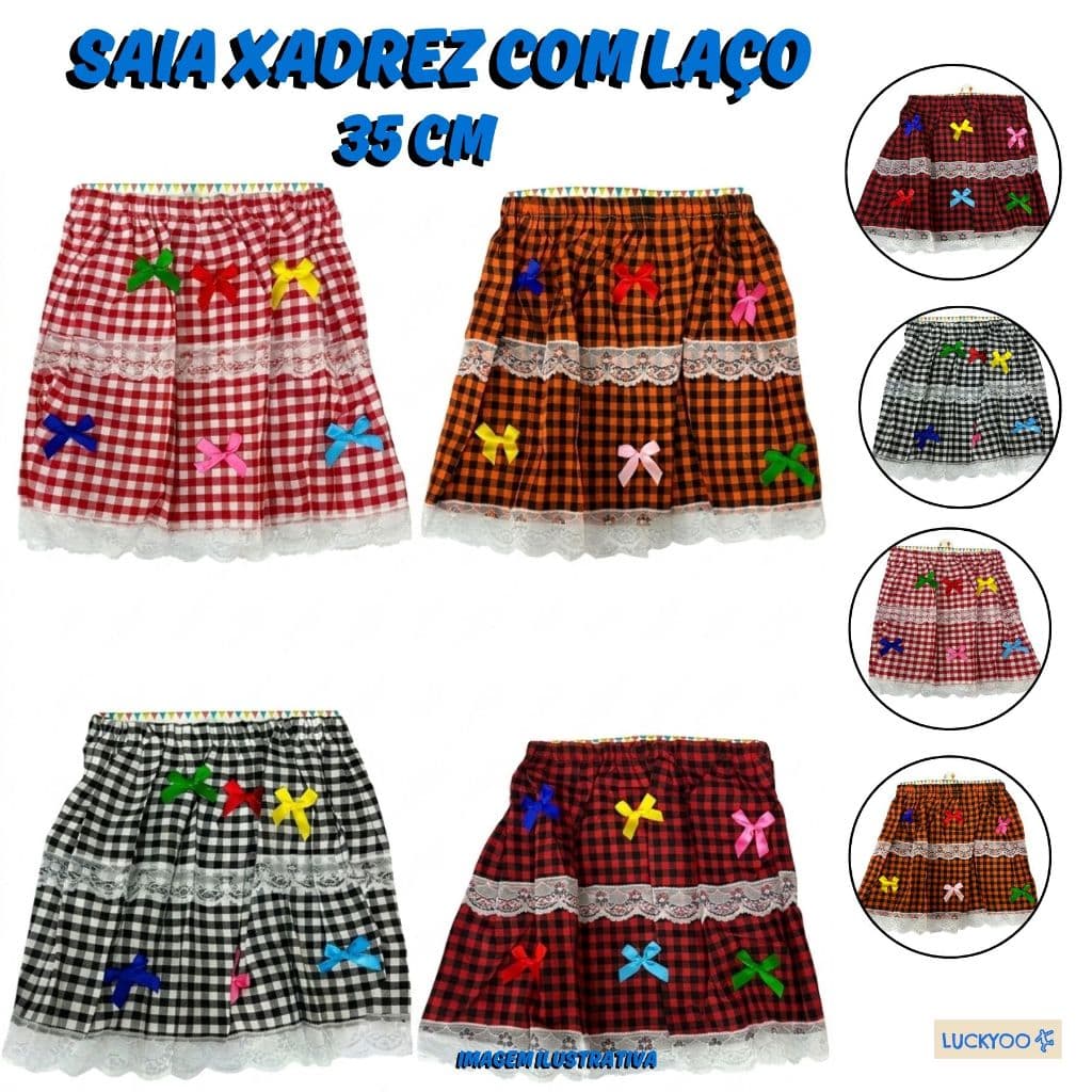 Saia Festa Junina Juvenil Xadrez 35CM Tamanho Único C/ Elástico Lacinhos Renda Luxo Caipira Quadrilha Arraial
