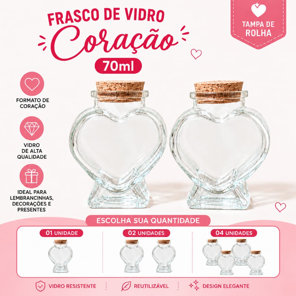 Pote Vidro Decoração Coração 70ml com Tampa Kit 01/02 ou 04 Unidades