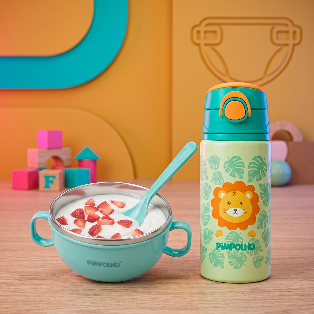 Kit Alimentação Tigela 300ml Colher Tampa Em Inox Garrafa 500ml Pimpolho